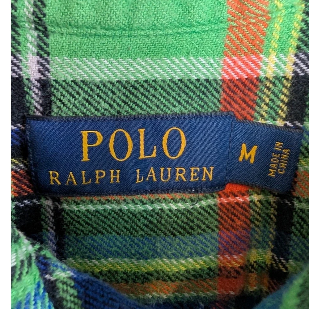 Polo Ralph Lauren Flannel Shirt Mens M Green Plaid Long Sleeve Cotton Cabin Prep